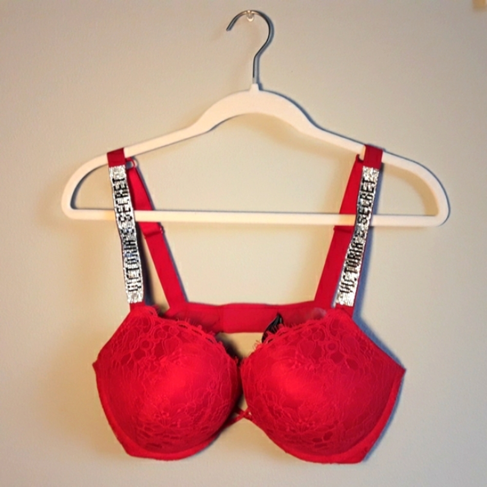 VS RHINESTONE Red Lace "Very Sexy Push-Up" Full-Coverage Bra 38C Lingerie